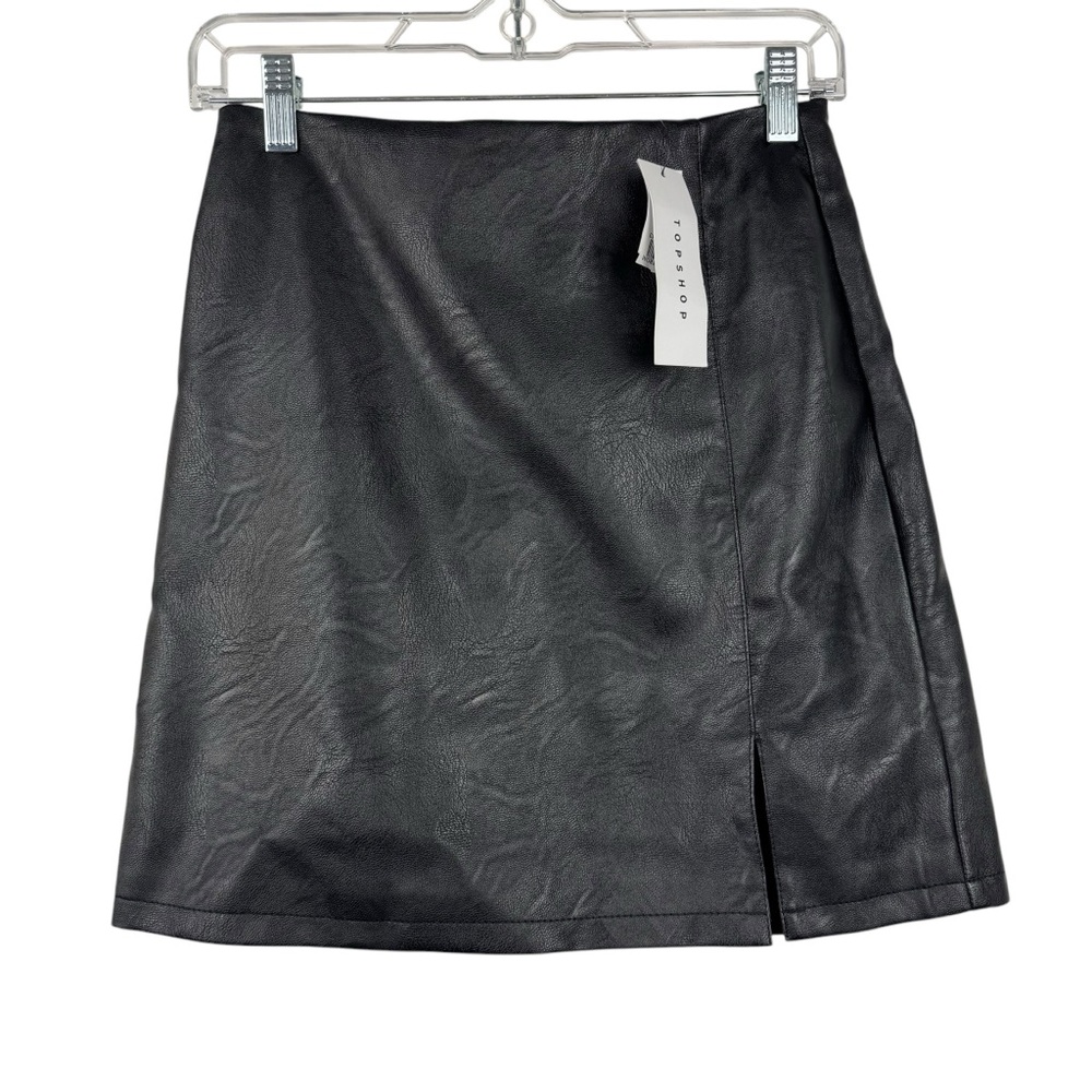 NWT TOPSHOP Faux Leather Mini Skirt‎ Vegan Leather Split Party Holiday 4 Small - Picture 2 of 13